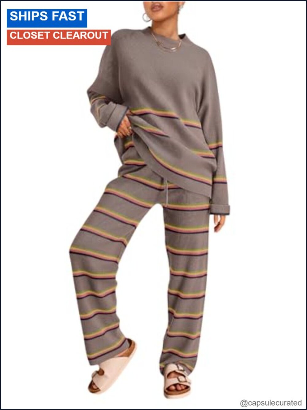 Women's 2 Piece Striped Sweater Lounge Set, Pullover Top & Pants